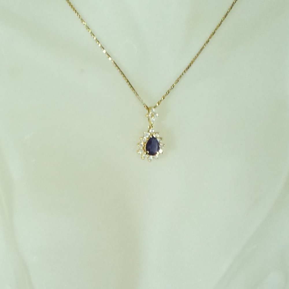 Pear Shaped Blue Iolite & Diamond Pendant in 14K Yellow Gold